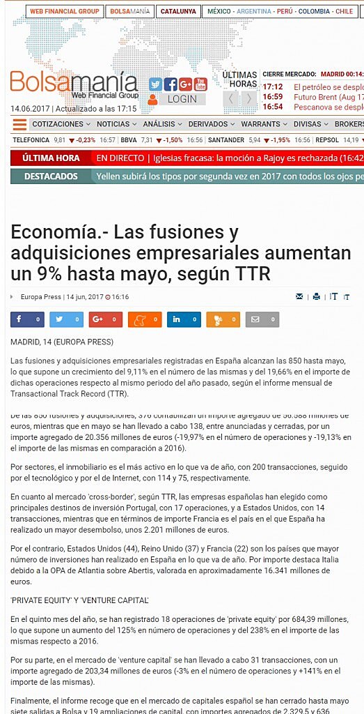 Las fusiones y adquisiciones empresariales aumentan un 9% hasta mayo, segn TTR